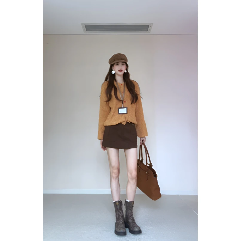 春秋气质复古慵懒风穿搭黄色排扣圆领长袖针织开衫半身裙阔腿裤子