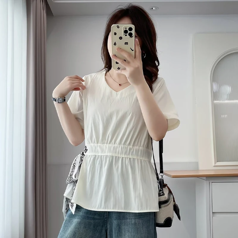 大码女装薄款拼接娃娃衫衬衫夏季V领胖mm短袖百搭衬衣设计感上衣