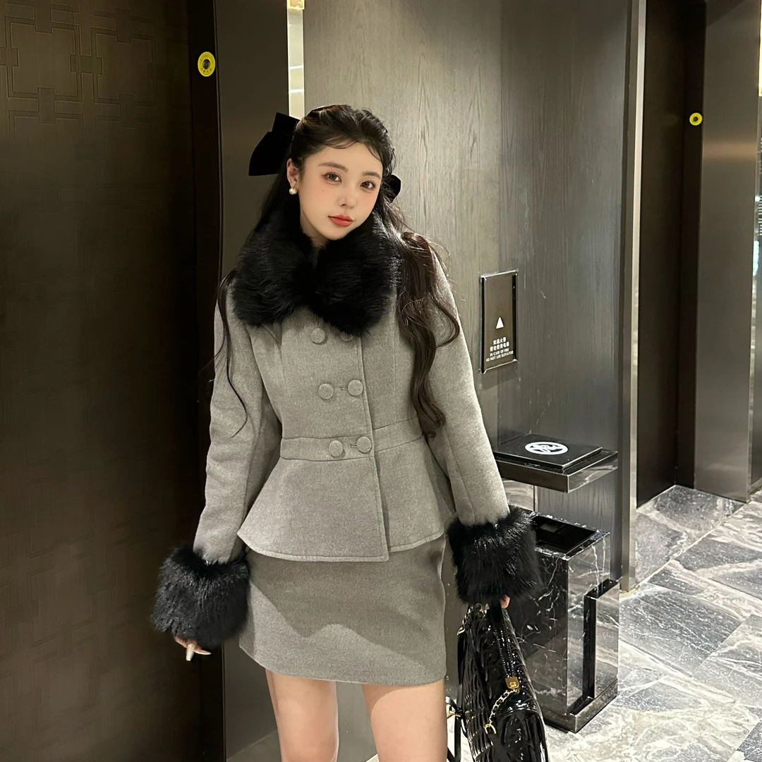 Cc小西诗【冬雾胶片】毛领高级感重工收腰毛呢外套半裙套装女WJ8897