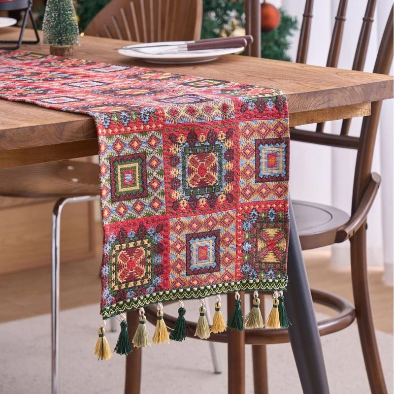 提花红色餐桌桌旗电视柜子茶几装饰节日几何方形新年圣诞桌旗流苏