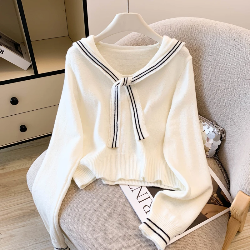 韩系海军领学院风洋气长袖针织衫女秋季新款时尚显瘦宽松短款上衣