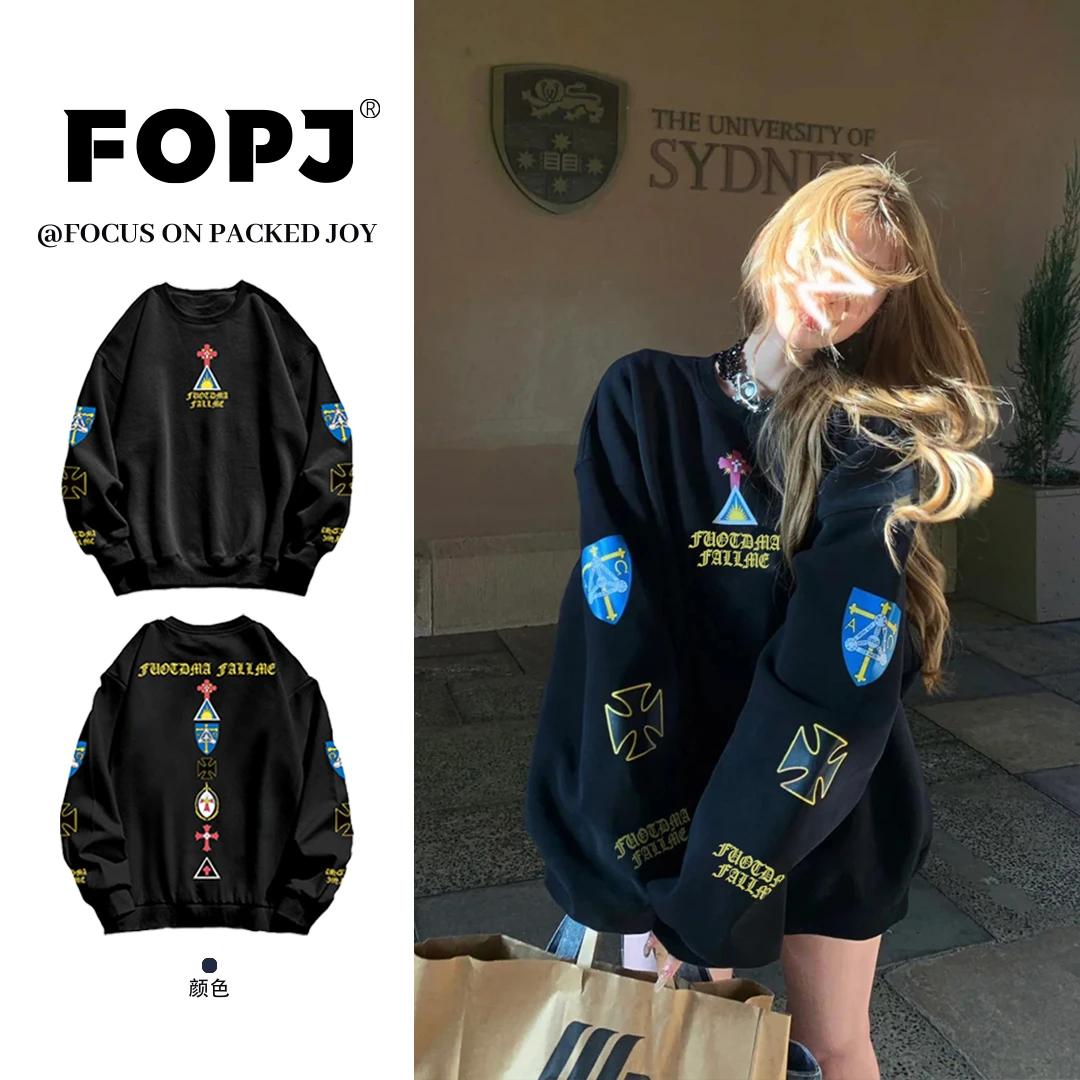 FOPJ美式复古慵懒风圆领长袖卫衣女设计感时尚百搭潮流印花上衣