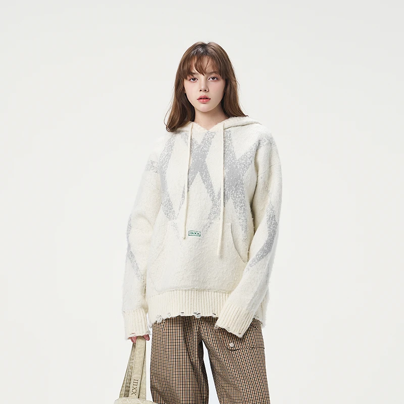 【INXX】仿马海毛针织衫撞色“X”芝麻底提花毛衣情侣XRF3061309
