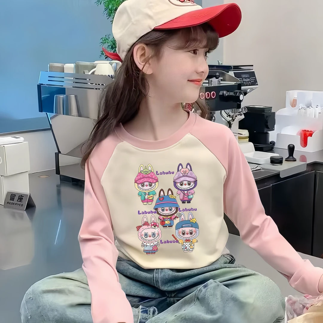 儿童德绒保暖打底衫秋冬季新款卡通拉布布女童圆领色插肩长袖T恤2