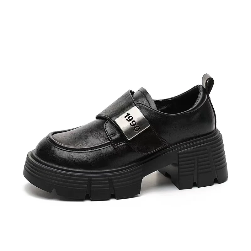 1990牛皮厚底英伦风小皮鞋女新款早春百搭增高女鞋单鞋黑色乐福鞋