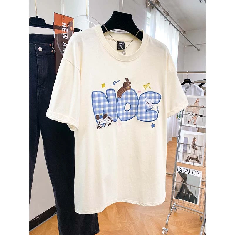 杏色纯棉卡通刺绣t恤女夏短袖2025新款大码宽松春潮带雨晚来急