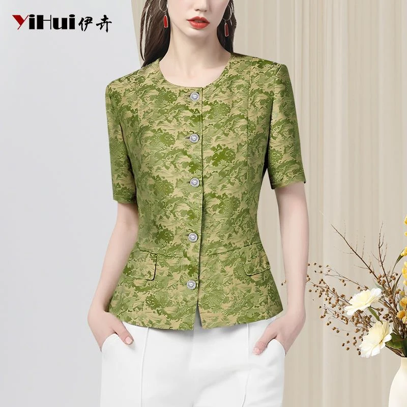 YIHUI伊卉提花衬衫女短袖上衣圆领设计感复古女装收腰T恤SD256163