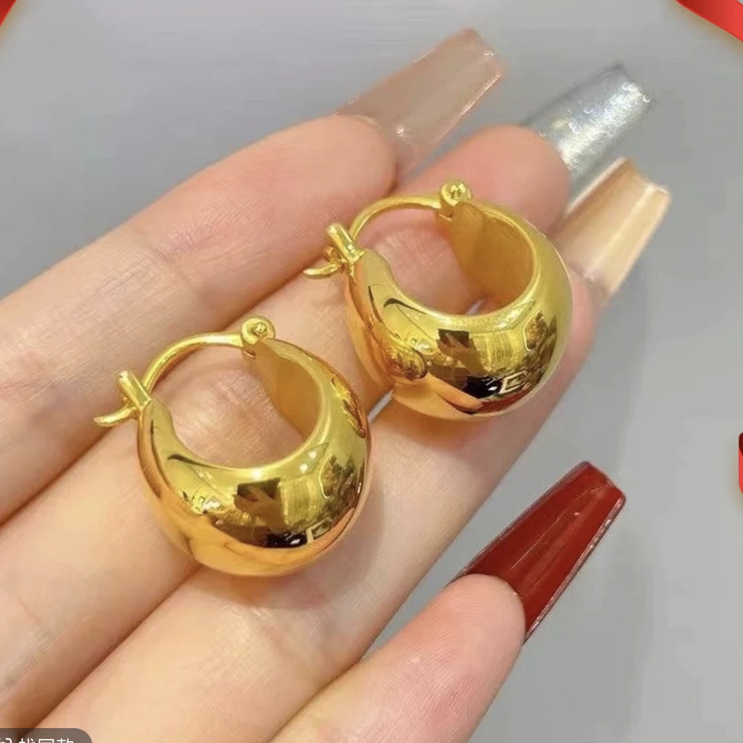 钛钢耳饰 钛钢耳饰 光面简约金球半圆粗c形空心极简不规女