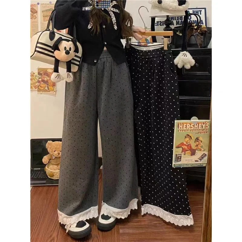 2025春秋韩版宽松高腰拼接花边通勤休闲百搭阔腿波点显瘦裤女9670