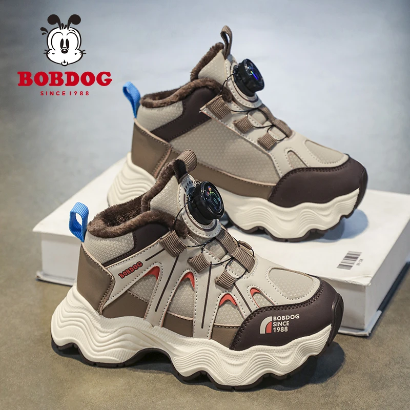 Bobdog/巴布豆冬季高帮厚绒机能运动鞋皮面加绒旋转纽扣跑步童鞋