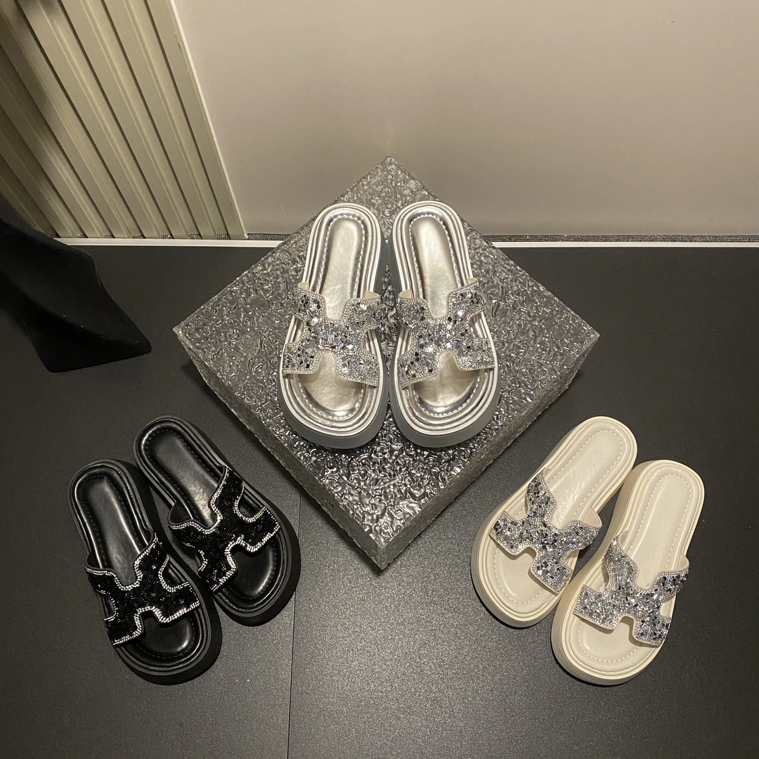 2025夏季新款闪亮碎钻简约舒适时尚百搭气质外穿厚底舒适拖鞋-5CM