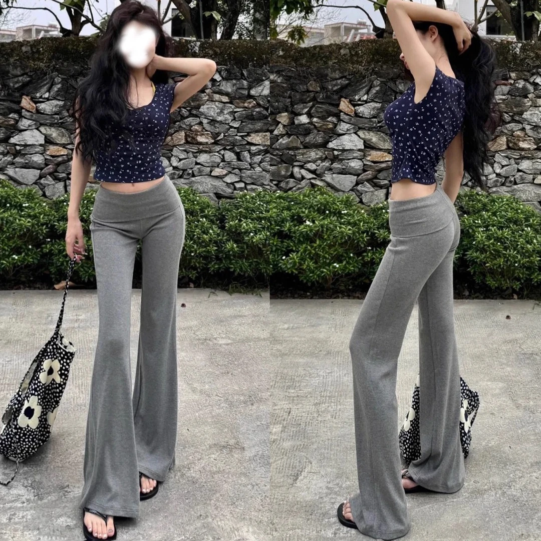 灰色冰丝喇叭裤女夏薄款休闲高腰拖地裤修身显瘦小个子运动微喇裤