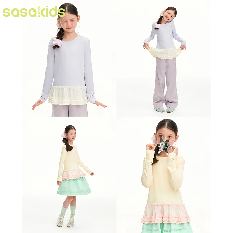 sasakids芭蕾风精致木耳边莱赛尔舒适柔软下摆双层领休闲打底衫