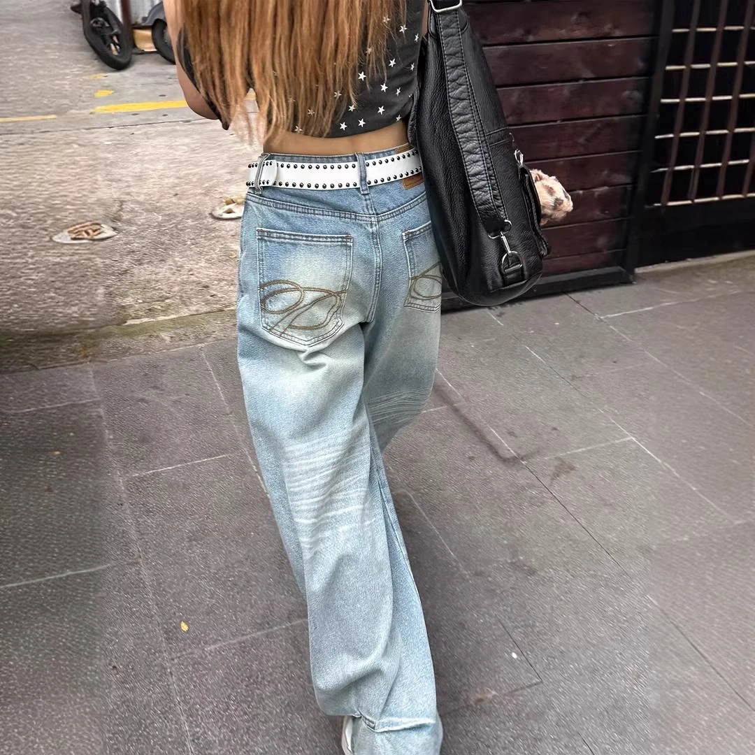 【现货加运费险】美式复古口袋刺绣牛仔裤女秋季新款