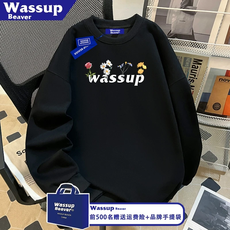 WASSUP BEAVER秋冬款男女字母花朵印花宽松上衣高街加绒圆领卫衣