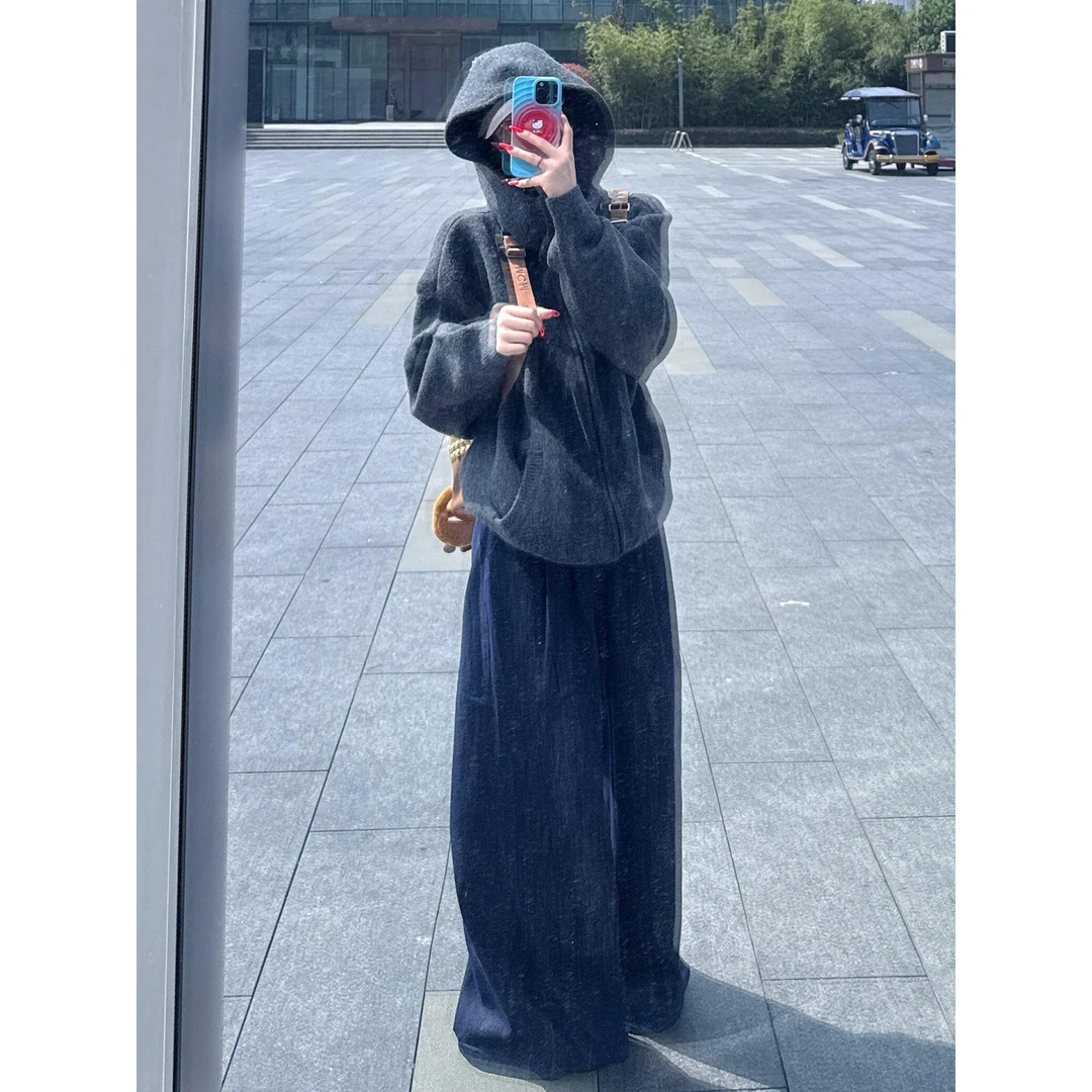 灰色连帽毛衣外套女2025秋冬新款慵懒高级感巨好看宽松针织衫上衣