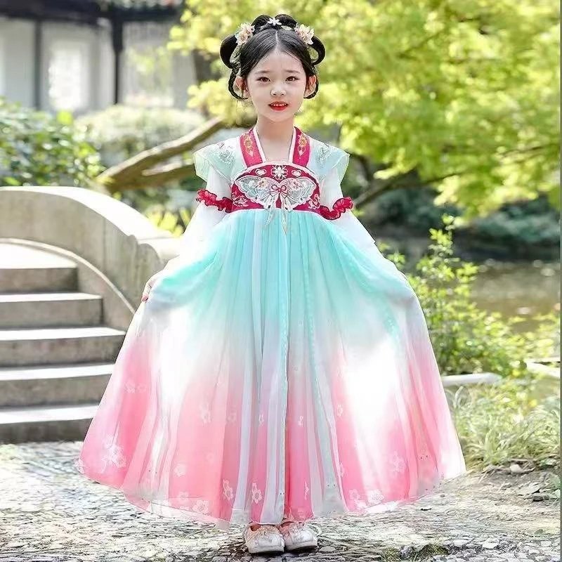 1772女童绿色渐变粉汉服裙