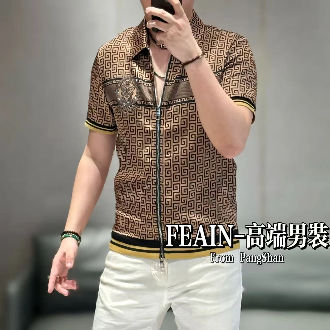 高端定制进口丝柔贡缎奥钻点缀美人头双开拉链夹克5266