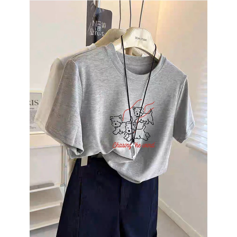 正肩圆领短袖T恤女休闲时尚百搭减龄显瘦设计感2025夏季新款上衣