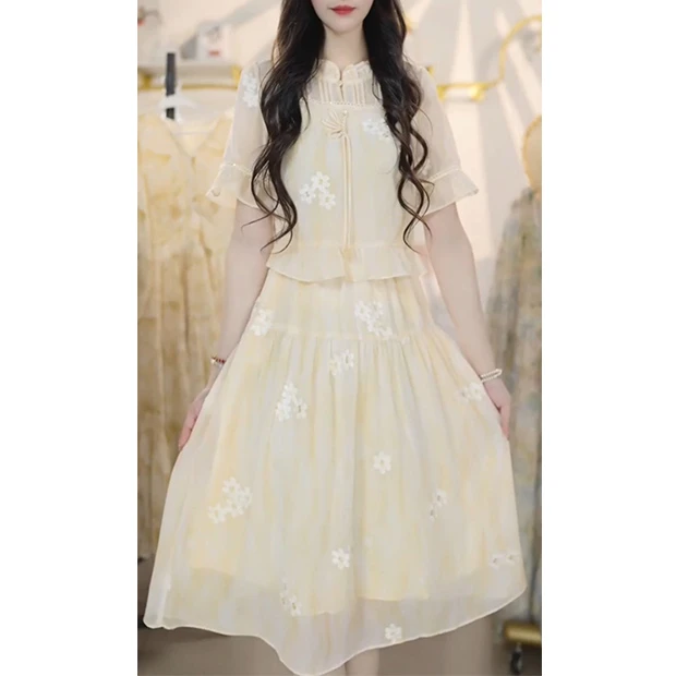 L583简约假两件刺绣连衣裙2025夏季优雅气质时尚显瘦简约裙子遮肚