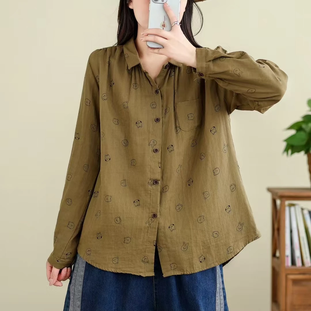 文艺复古印花双层棉纱衬衫女春季宽松显瘦休闲衬衣小众减龄上衣