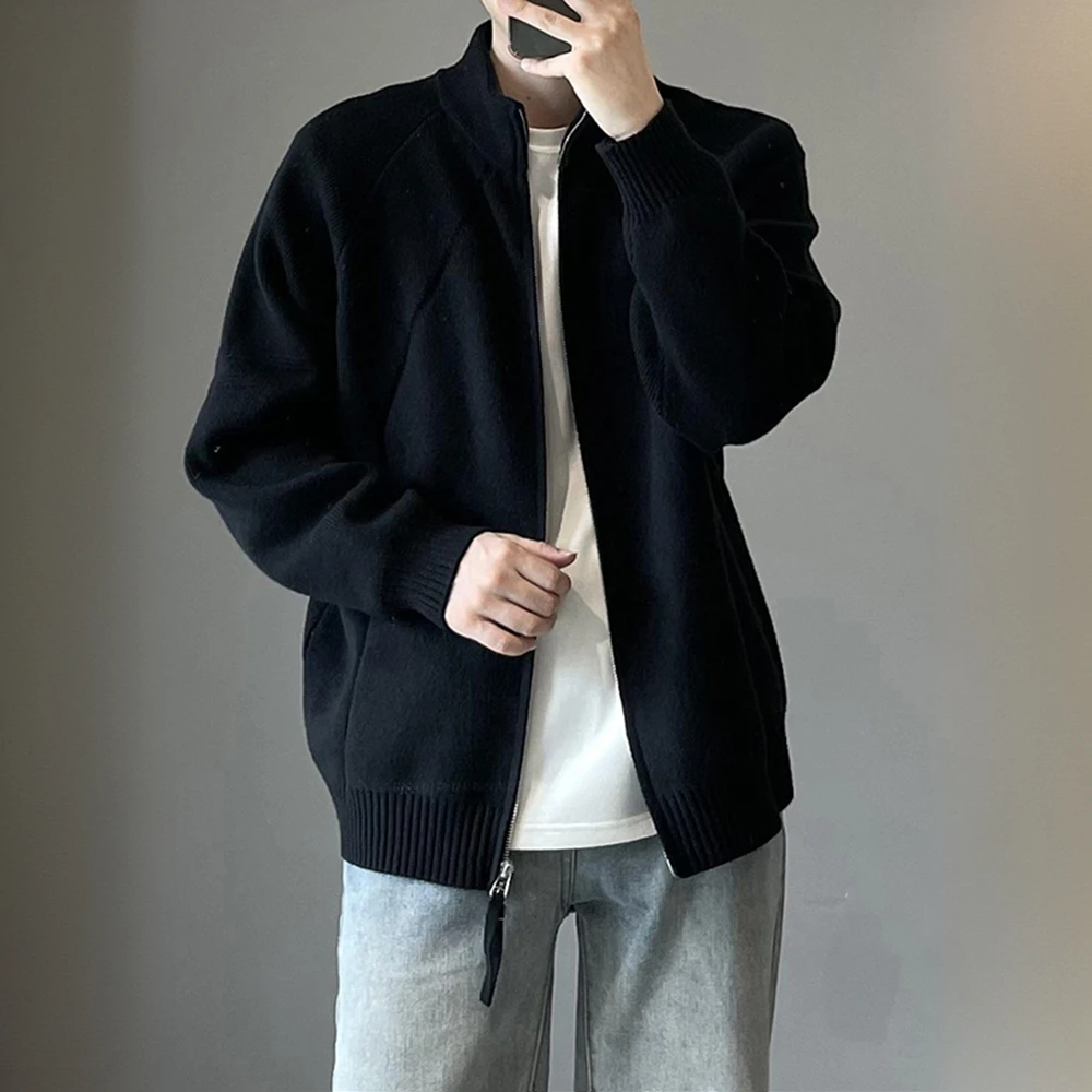 秋冬款男士慵懒针织开衫高领毛衣男生外套宽松男装高级感黑色拉链