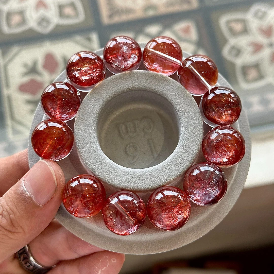 收藏级天然火凤凰鸩羽幽灵手链牛血红玫瑰红胶花手串女多样性发一