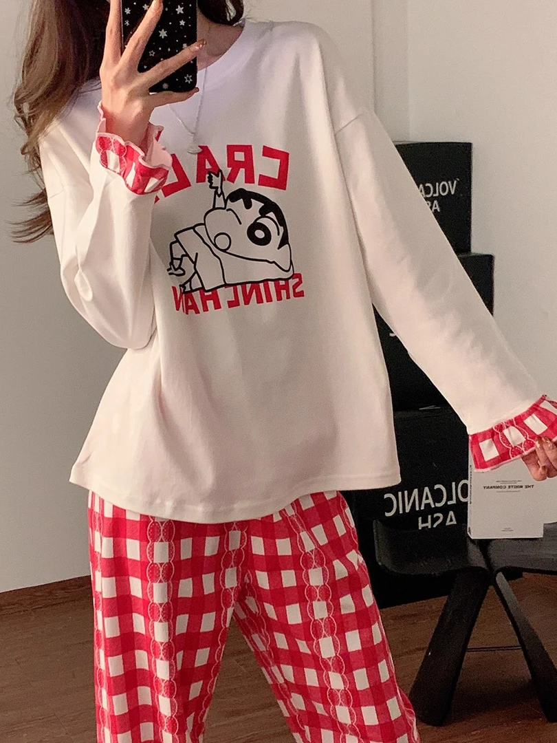 可爱卡通睡衣女纯棉春秋季薄款长袖长裤两件套装家居服薄款冬季