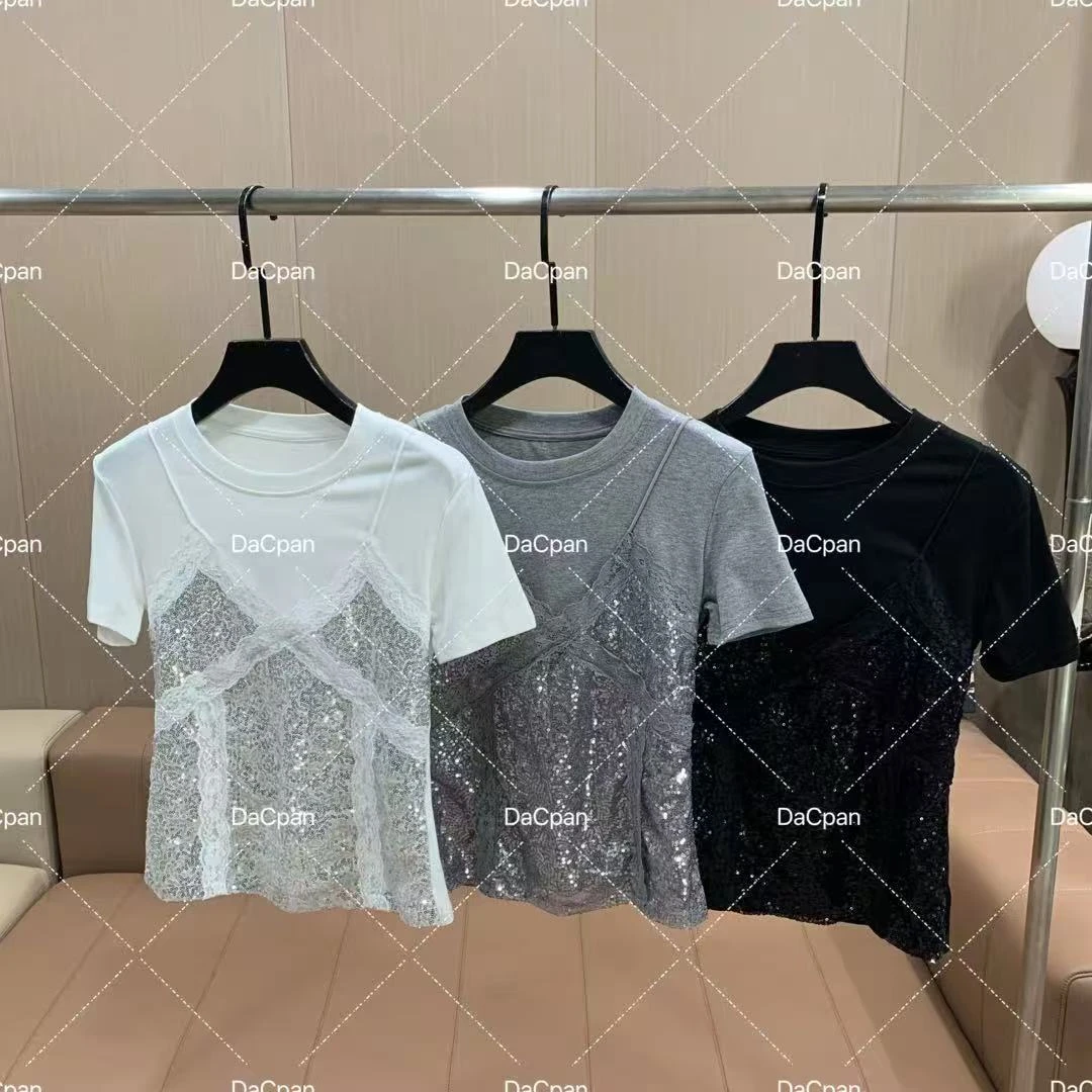 DACPAN-“浪漫女王”亮片蕾丝假两件短袖上衣 2025/盼·PP 68038