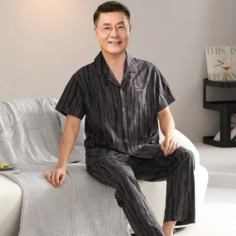 纯棉100%中老年人爸爸睡衣男夏季薄款2024短袖长裤夏天家居服套装