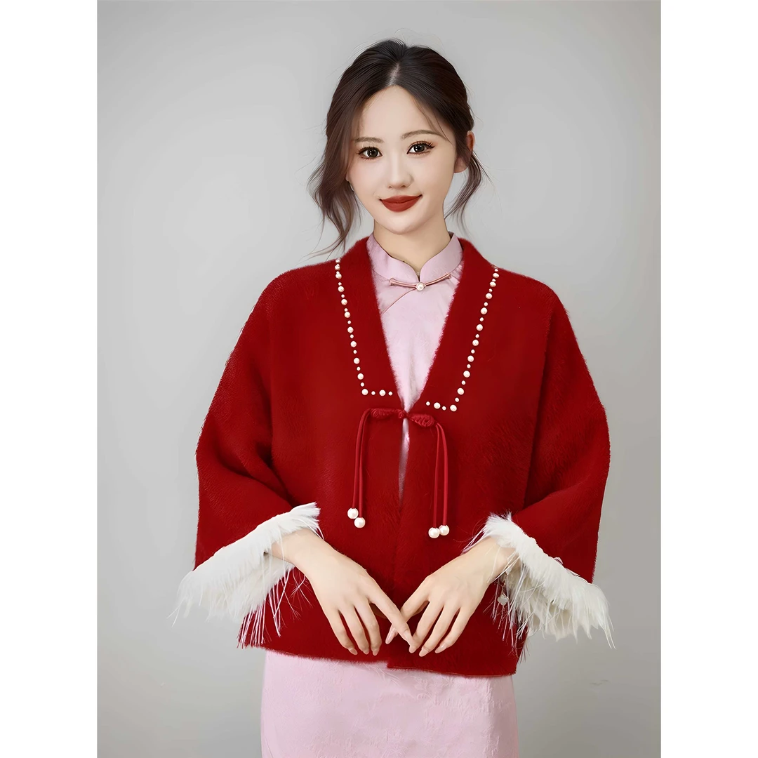 红色旗袍披肩秋冬季带袖子外搭外套水貂绒新中式新娘敬酒服披风