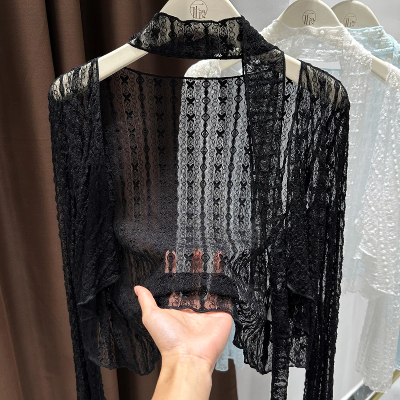 黑色气质短款长袖薄纱小衫夏季新蝴蝶勾花镂空蕾丝防晒短外套上衣