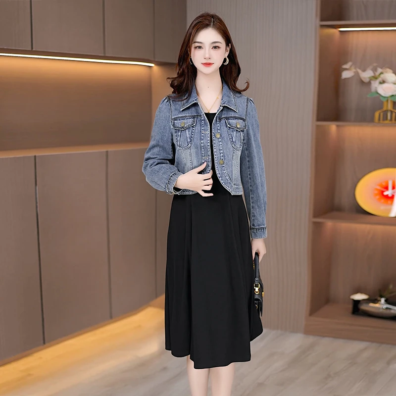 春季新款牛仔外套套装时尚显瘦拼色牛仔两件套套裙女