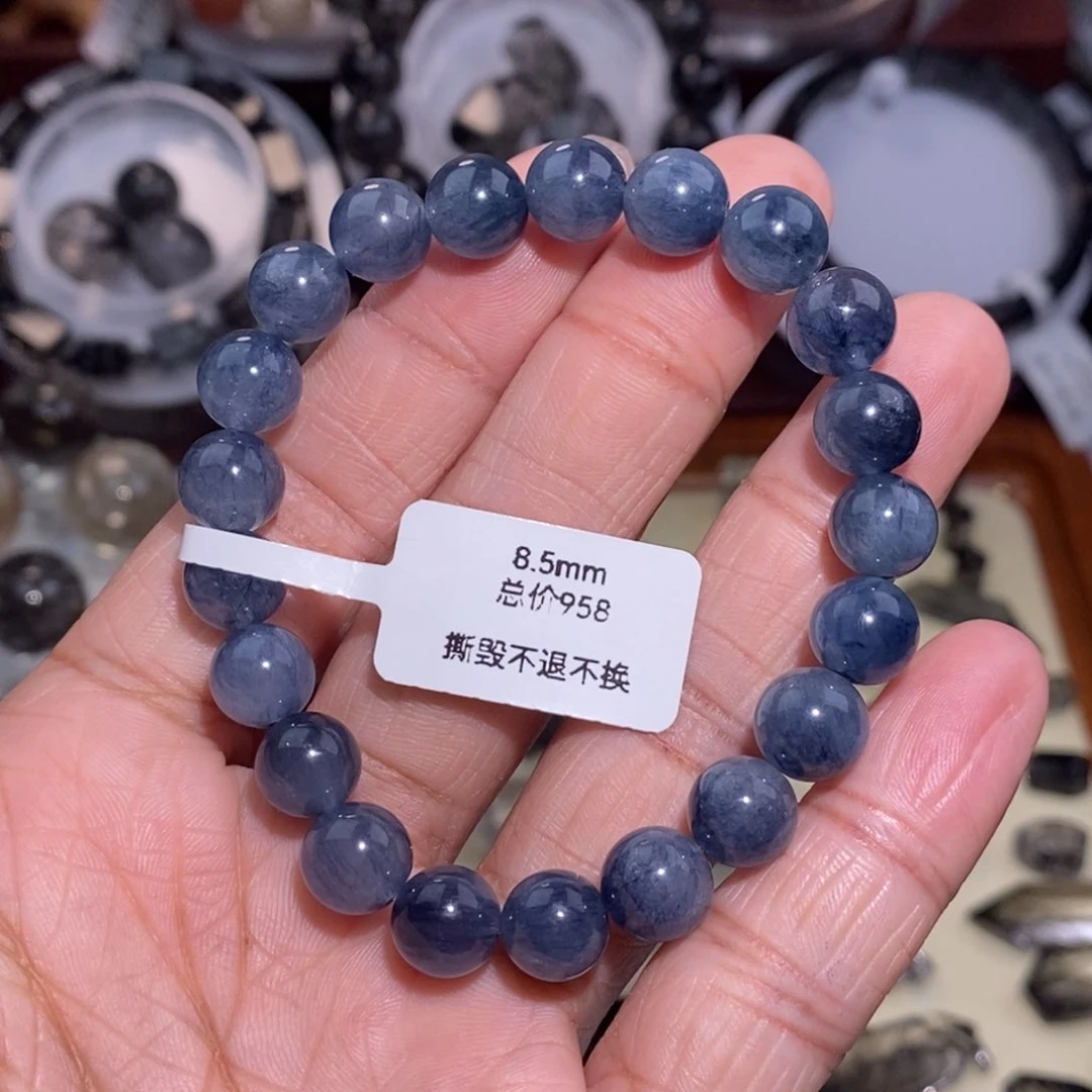 水晶手链未镶嵌蓝兔毛钢丝全透体 8.5mm