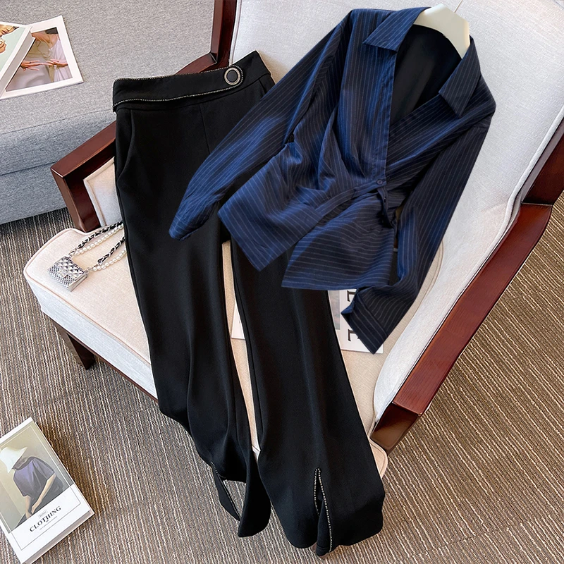 早秋时尚洋气套装女2025新款高级感轻奢衬衫微喇裤气质显瘦两件套