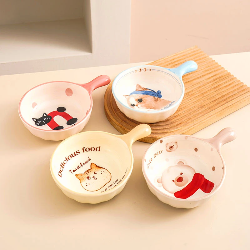 【两个装】卡通猫混搭手柄碗网红可爱创意陶瓷少女心沙拉碗饭碗家用