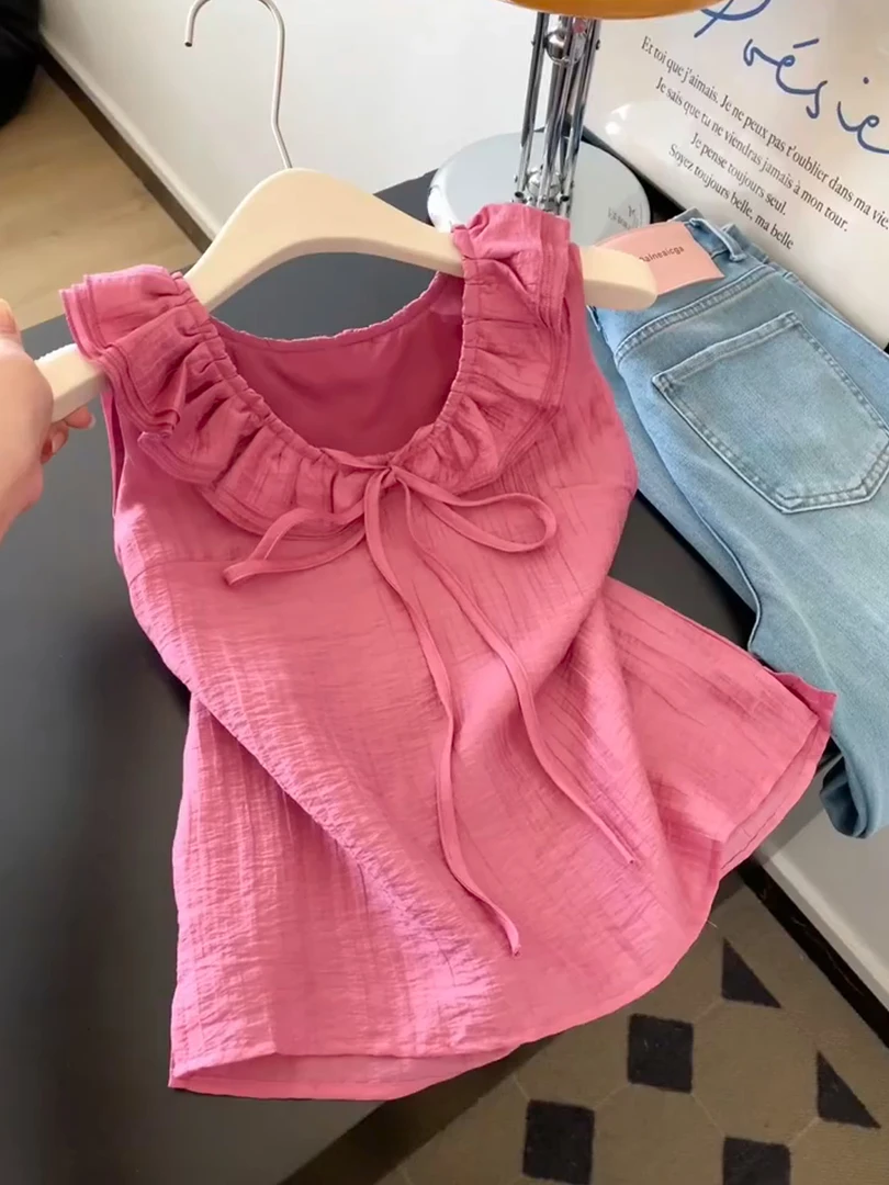 2025新款木耳边设计感无袖背心衬衫女夏季减龄多巴胺独特绝美上衣