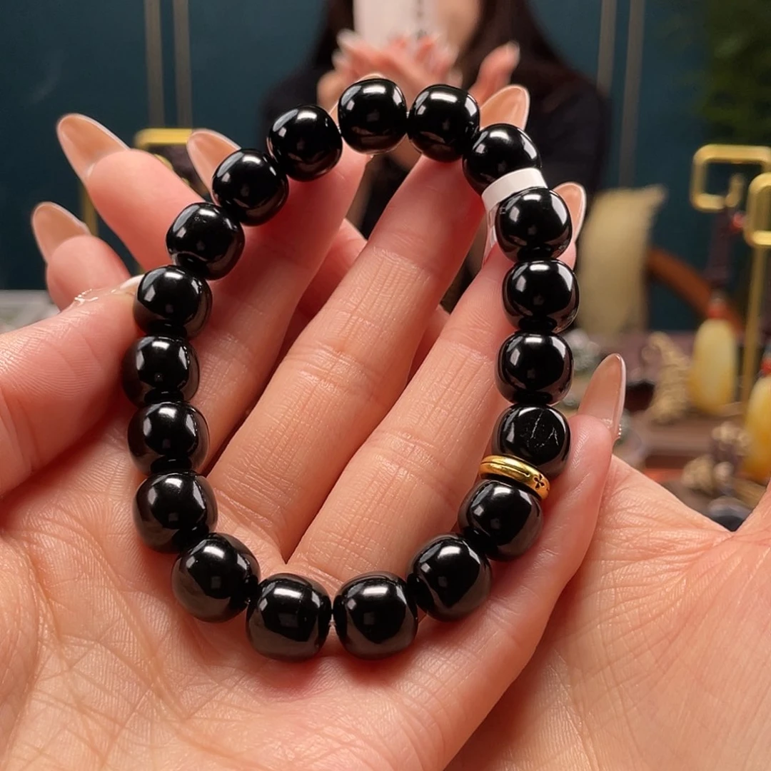 手串足金镶嵌和田玉黑青卡10.11老型