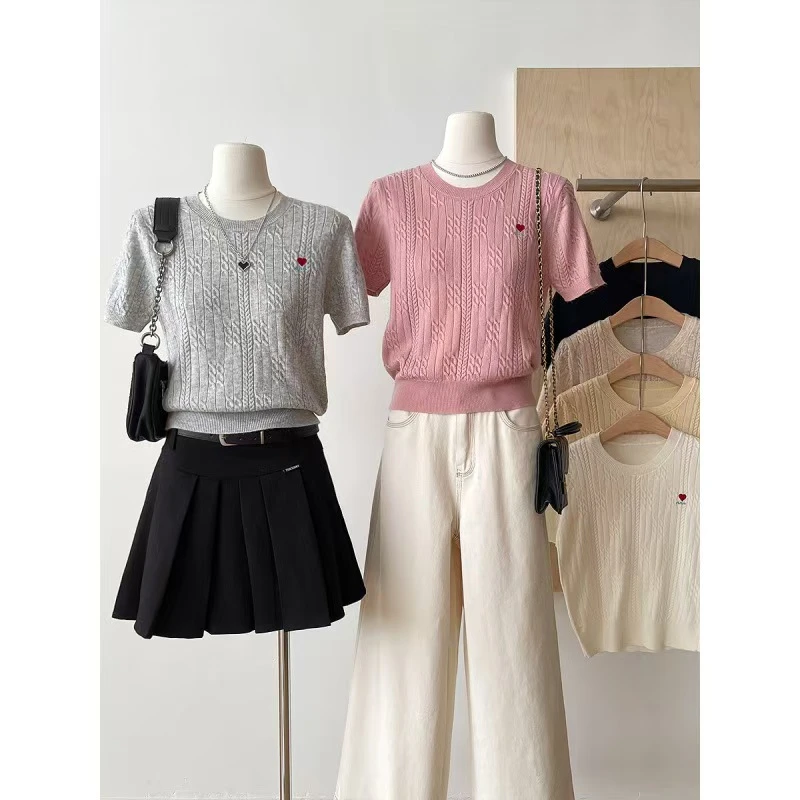 春游出行衣服洋气衣服女爱心刺绣撞色短袖针织衫韩系麻花上衣A120