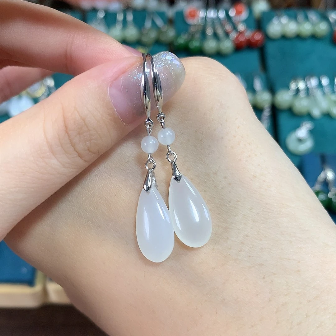 和田玉银S925镶嵌耳饰白玉水滴