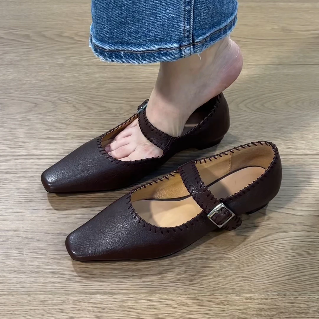 2025新款气质小方头百搭小众复古头层牛皮低跟浅口手工玛丽珍单鞋