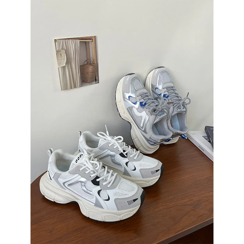 （1160）潮流拼色透气网纱舒适运动跑步厚底老爹女鞋PU材质夏季