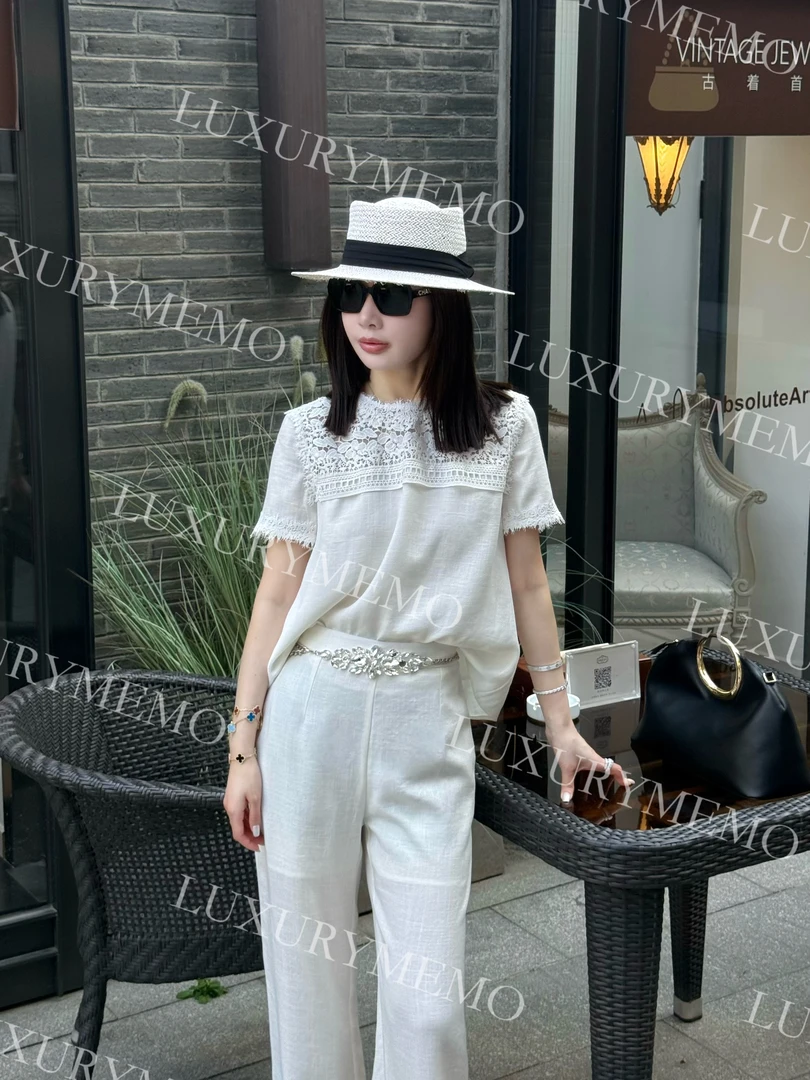【午后花园】重工镂空花边天丝亚麻圆领半袖清爽透气时尚气质上衣