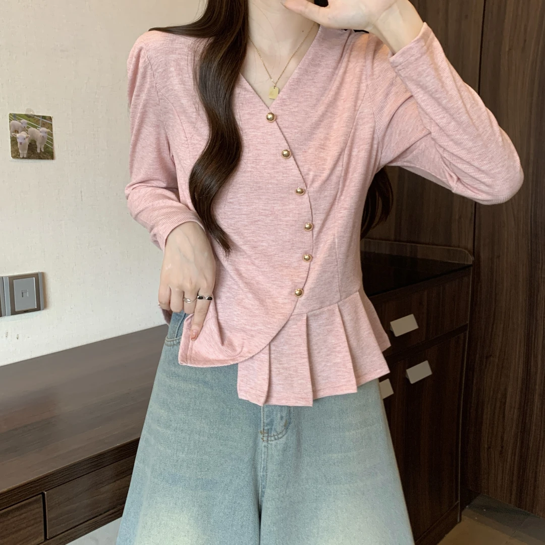 设计感小众荷叶边长袖t恤女春秋大码微胖mm显瘦不规则v领正肩上衣