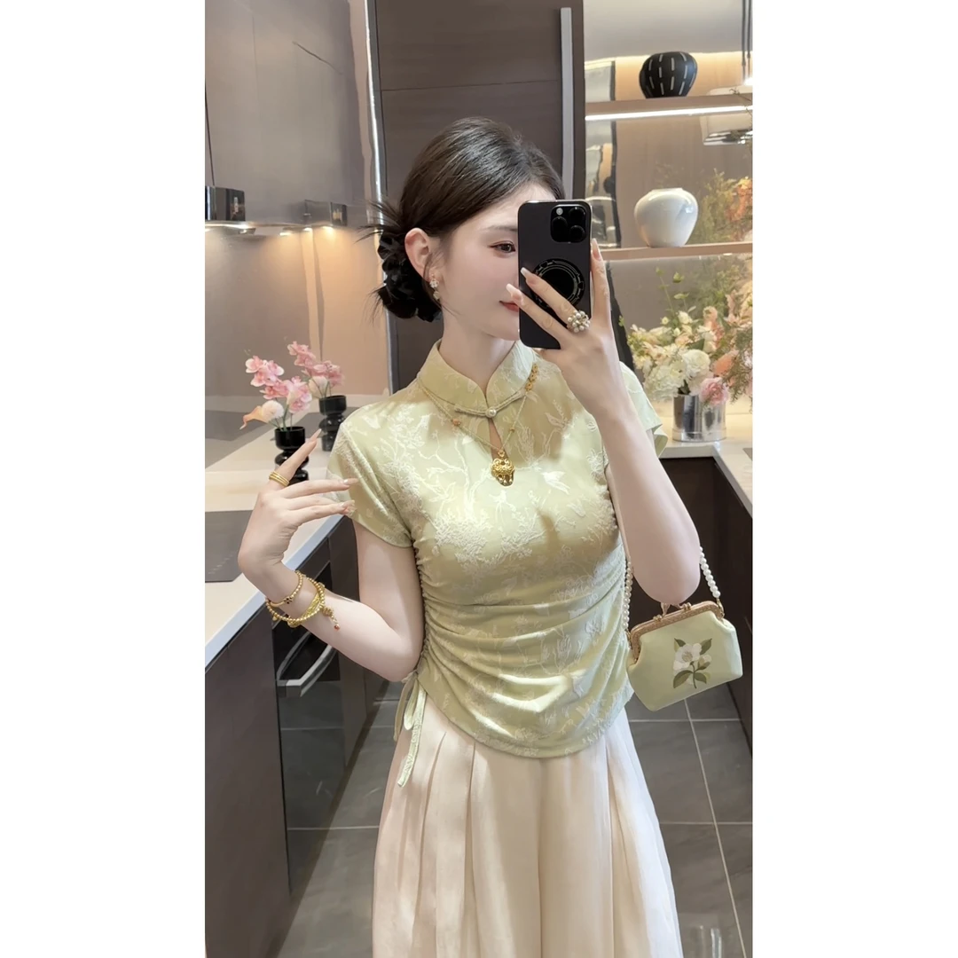 【周粥】【夏日】2025新款新中式刺绣提花短袖上衣预JJC5SY2119