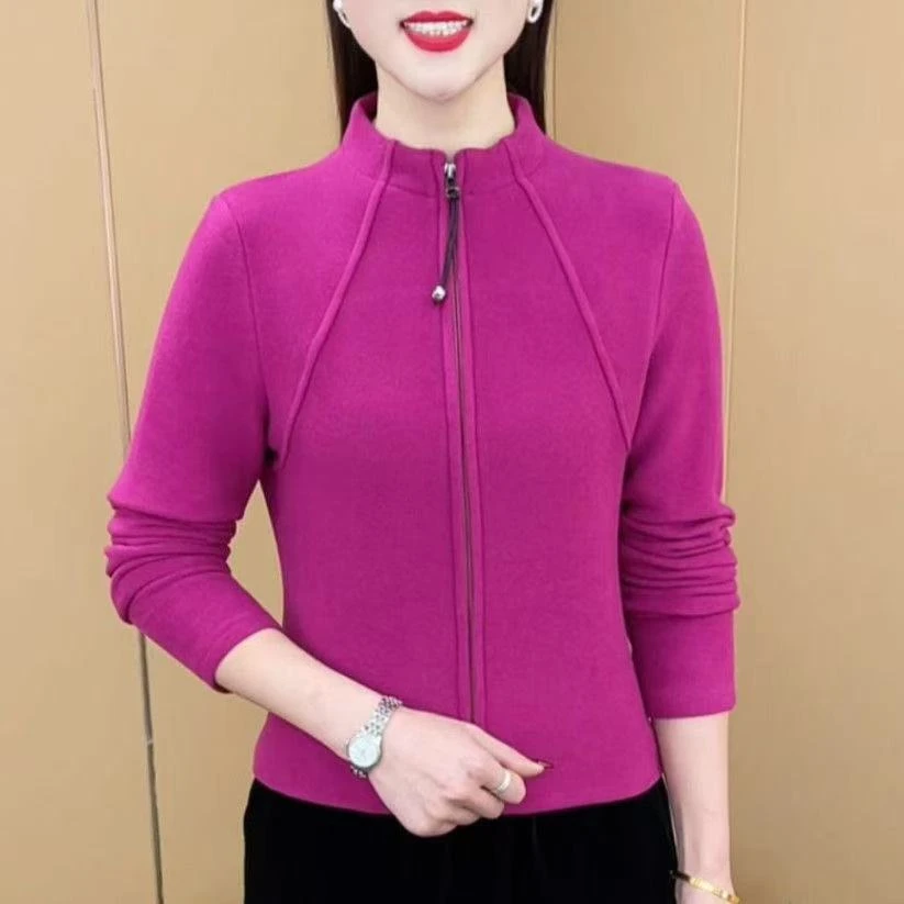 气质款新年女装韩版时尚纯色拉链开衫上衣双面德绒打底
