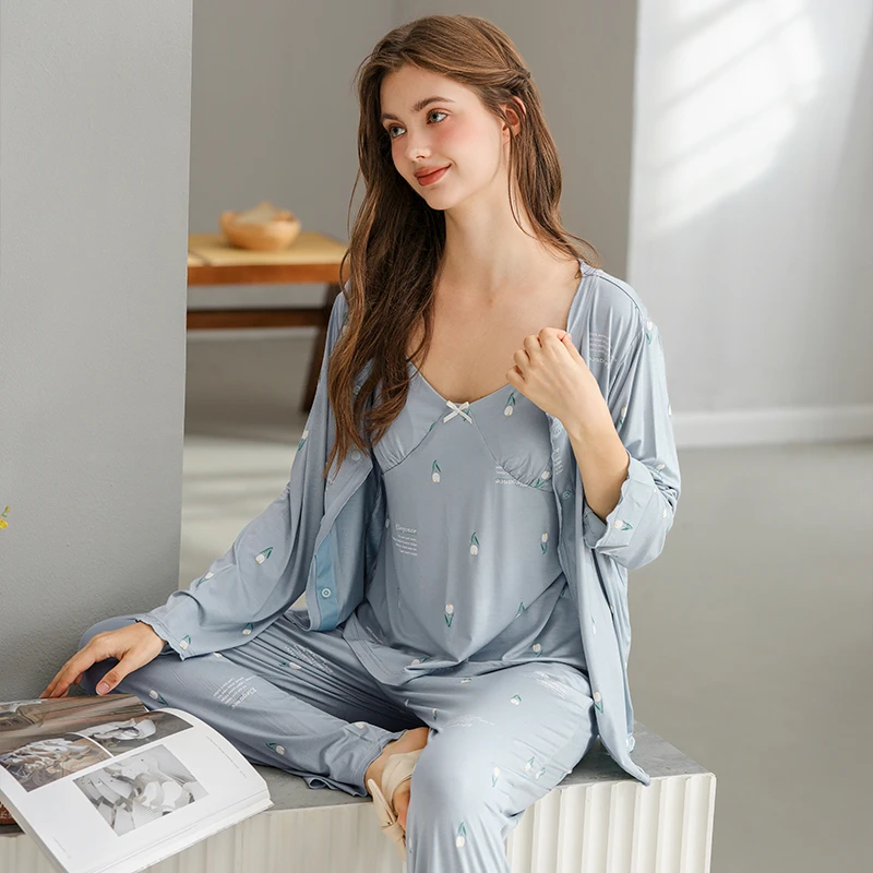 芬腾【带胸垫】防凸点女士长袖睡衣春秋款吊带套装大码家居服三件套