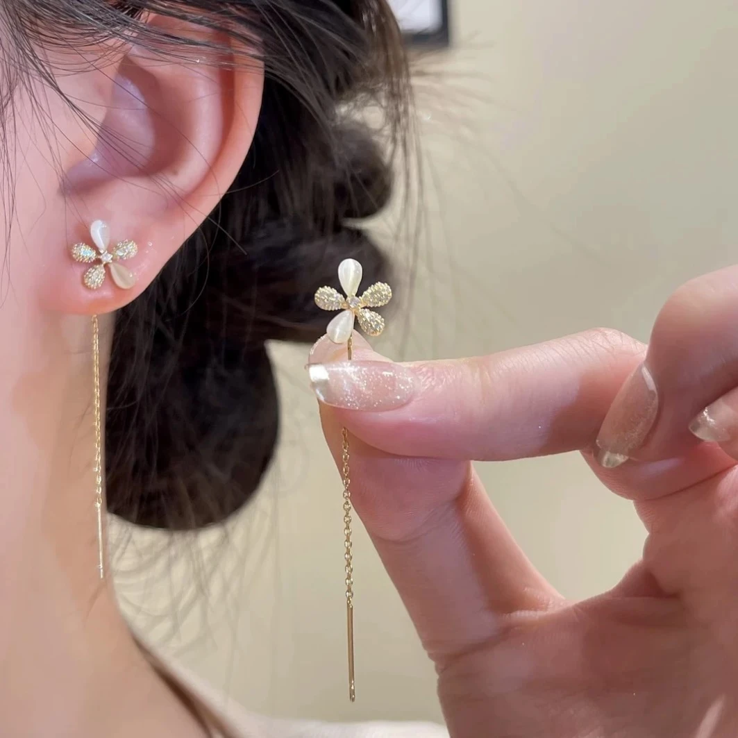 铜合金耳饰 小香风耳环精致喵喵石花朵耳坠轻奢小众百搭耳线F2386