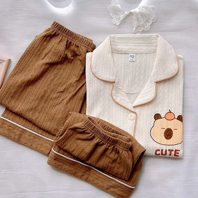 儿童夏季睡衣短袖长裤三件套空调服卡通翻领女童可爱开衫睡衣套装