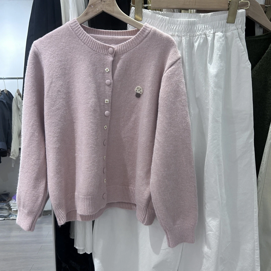 蘑菇秋冬韩系慵懒风连帽针织宽松显瘦加厚开衫毛衣外套女